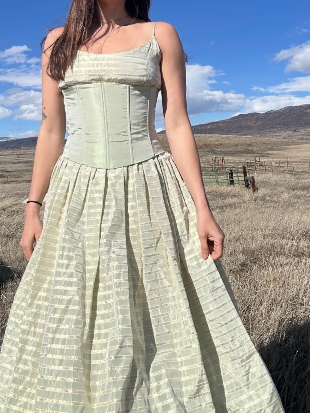 Vintage Gunne Sax - Striped Green & Gold Gown - Picture 2 of 10